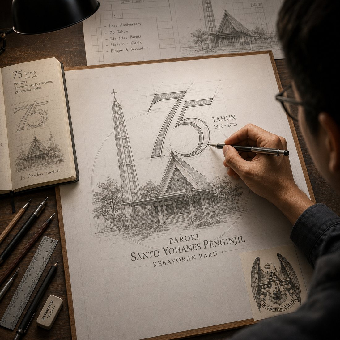 Sketsa logo HUT ke-75 sedang digambar