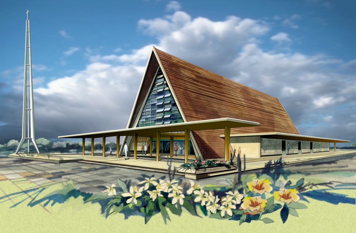 Ilustrasi berwarna gereja memperlihatkan atap kayu, kaca patri segitiga, dan menara lonceng